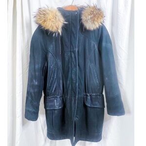 Vintage Black Leather and Coyote Fur Flannel Lined Hooded Parka by Lone Pine